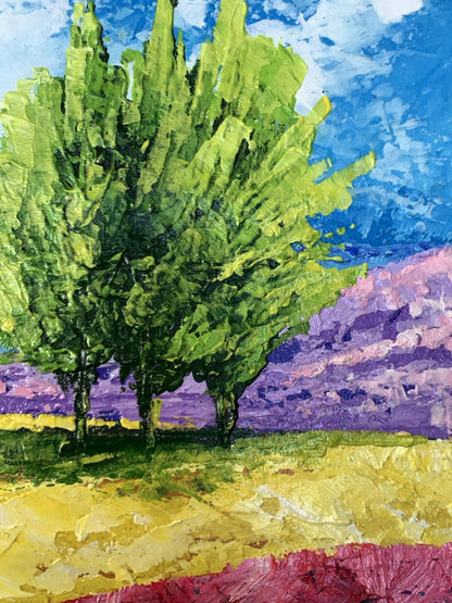Impressionistic oil painting of mountain lake, three trees by V. Zadorozhnya