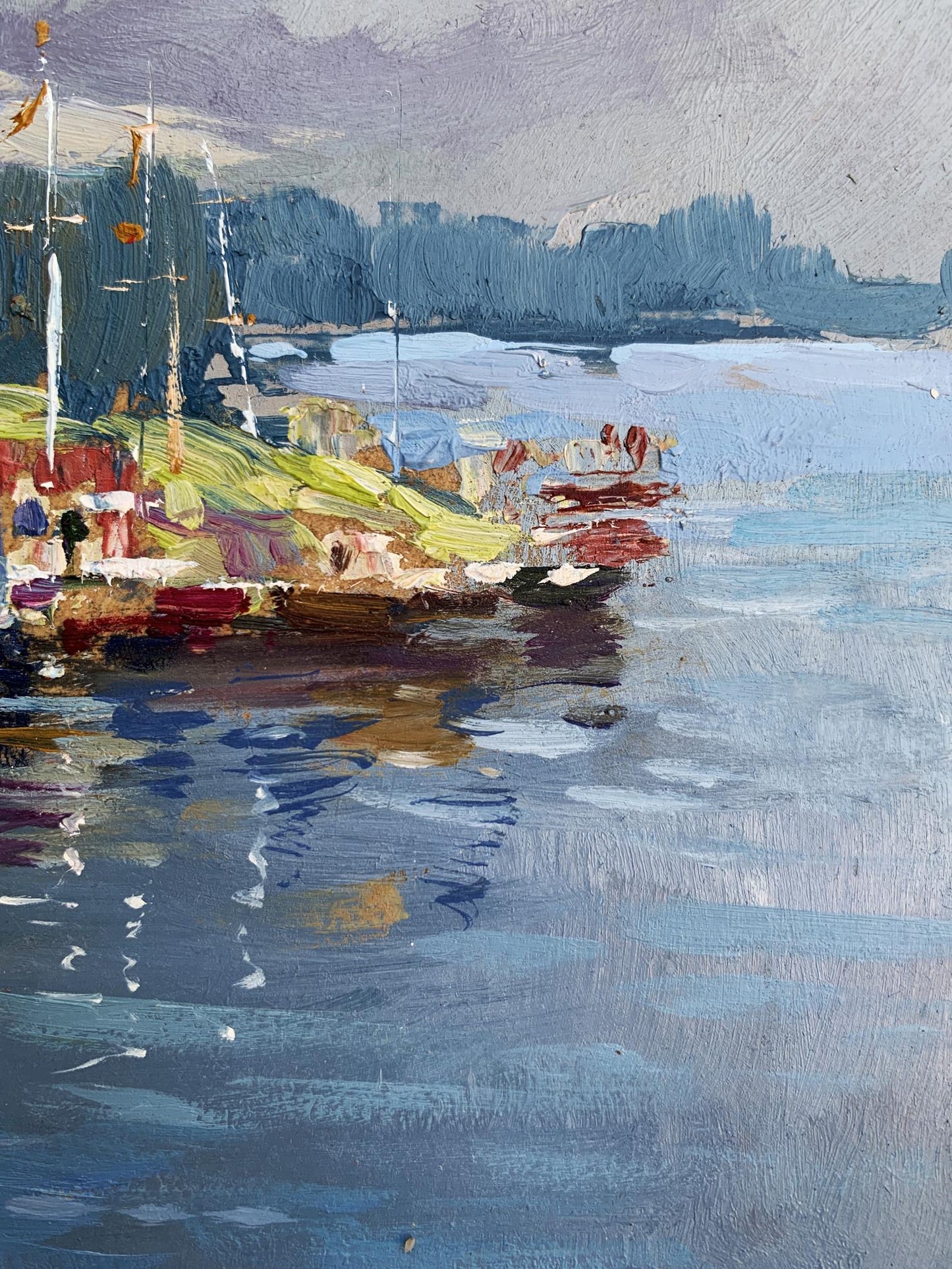 Vibrant impressionist oil painting of Yuriy Suprunchuk port harbor with boats