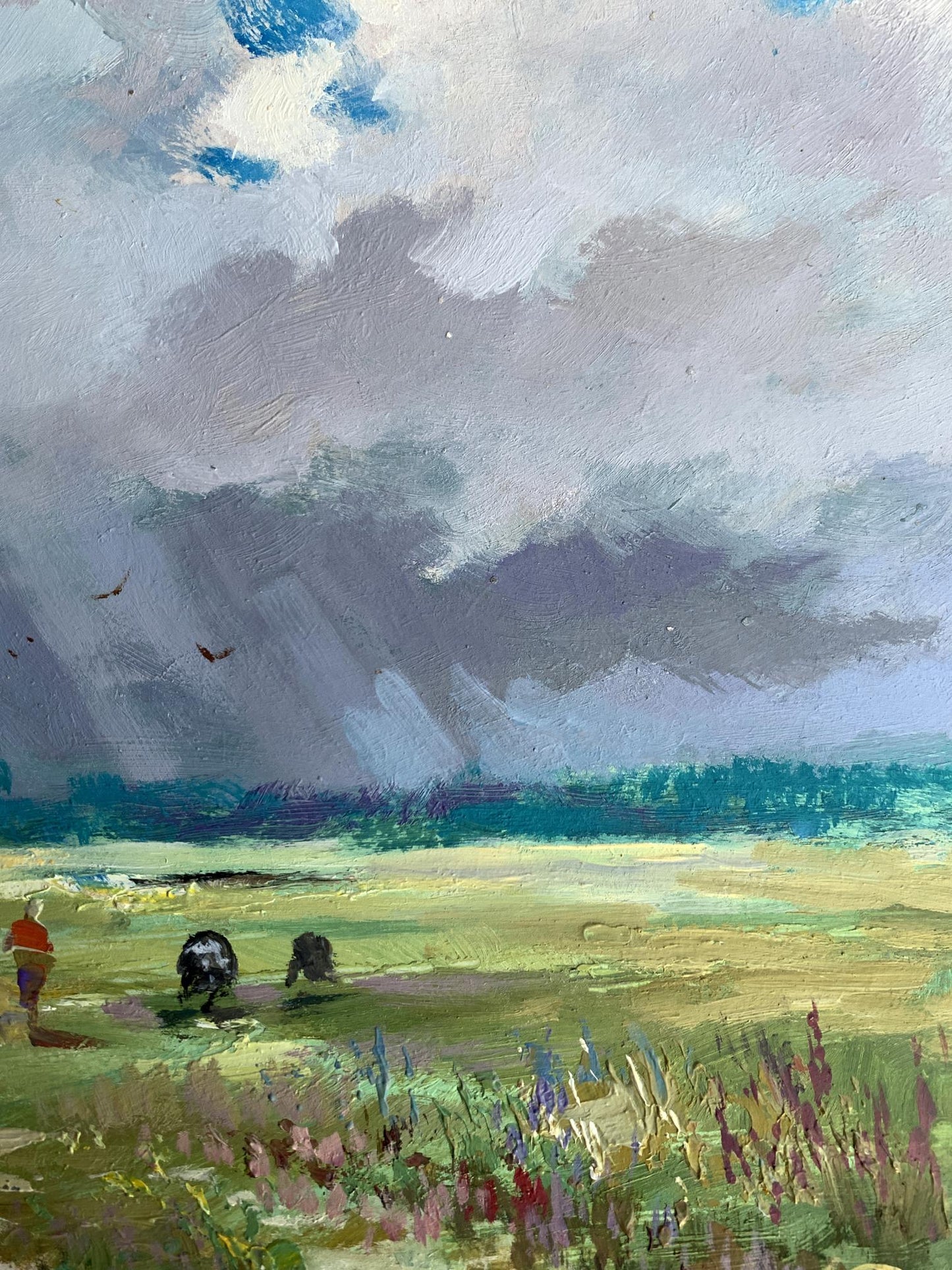 Textured oil painting by Yuriy Suprunchuk: moody green fields, wildflowers, storm clouds