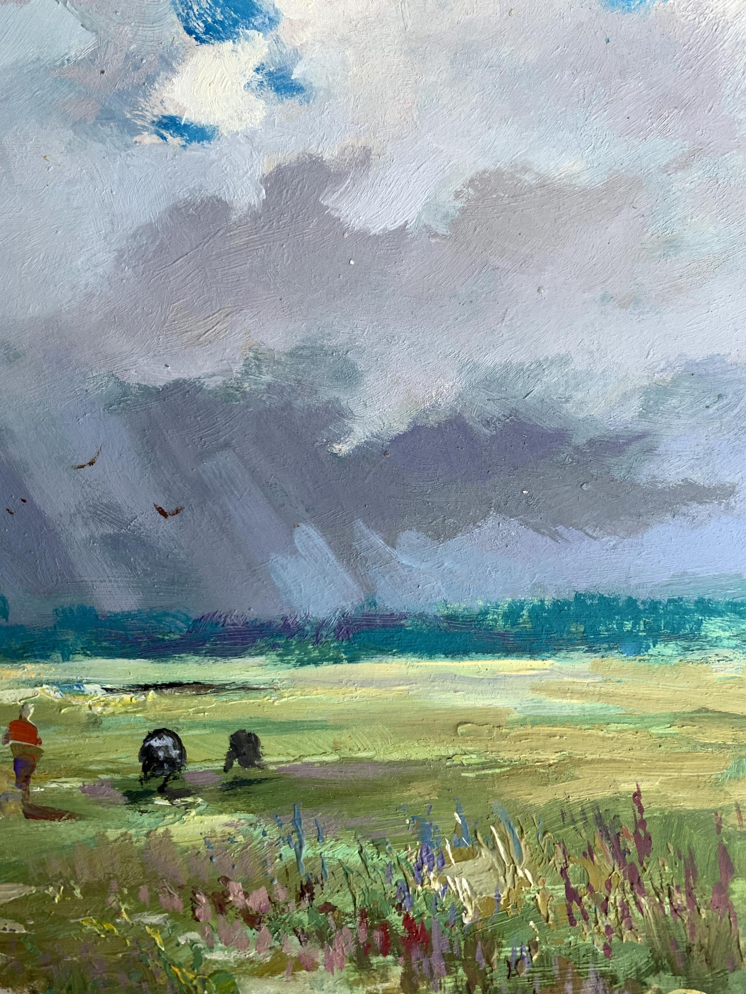 Textured oil painting by Yuriy Suprunchuk: moody green fields, wildflowers, storm clouds