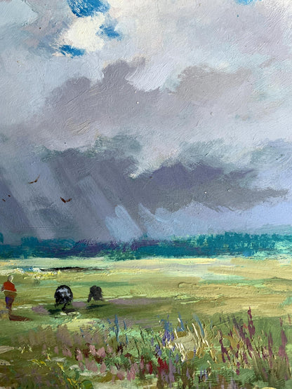 Textured oil painting by Yuriy Suprunchuk: moody green fields, wildflowers, storm clouds