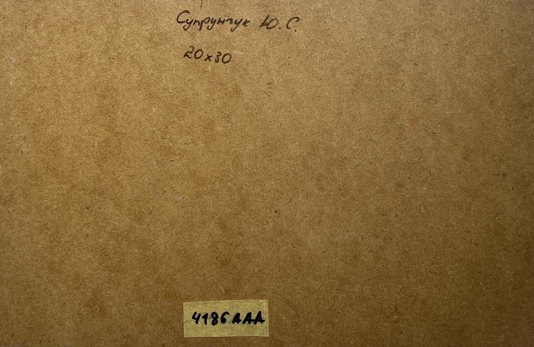 Back of Oil painting The road to the river Yuriy Suprunchuk with brown cardboard, handwritten inscription and label