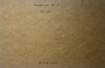 Back of Yuriy Suprunchuk oil painting Fishing among the reeds with handwritten text on brown cardboard
