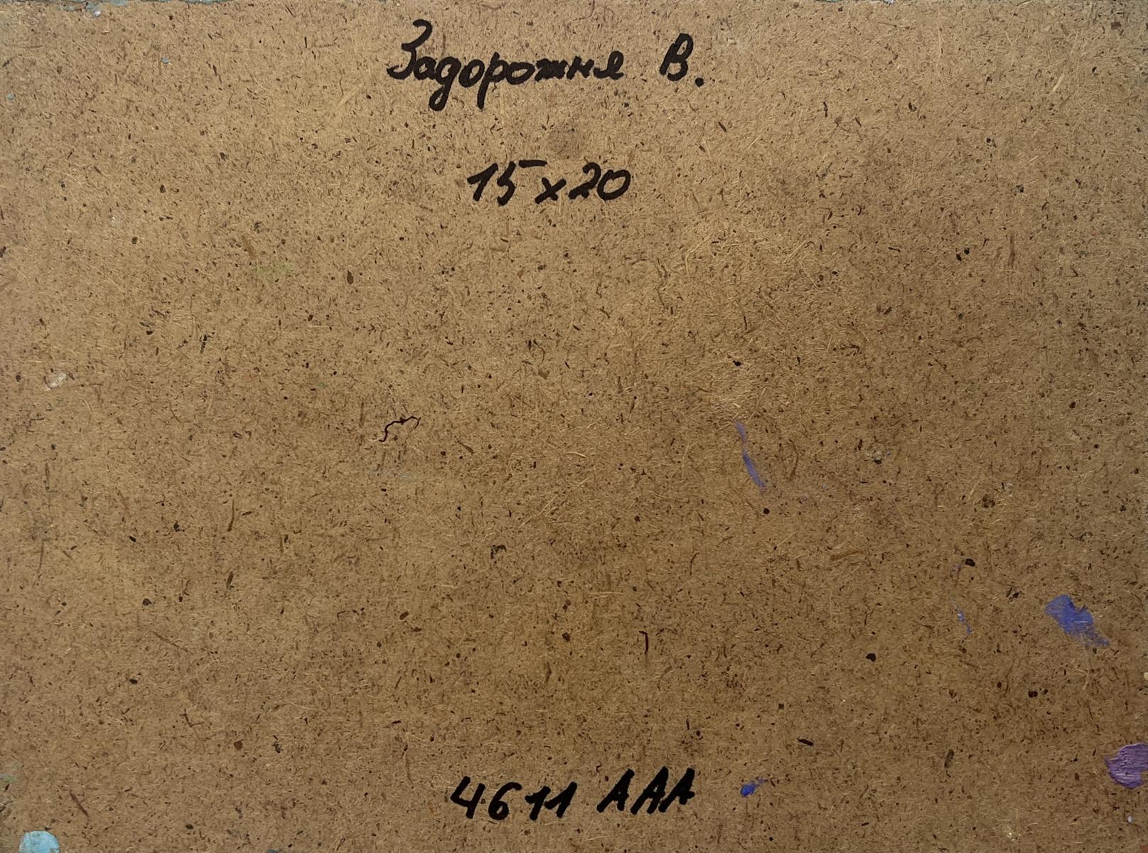 Back of oil painting Fiery sunset behind the mountains V. Zadorozhnya with brown cardboard, handwritten inscription and markings