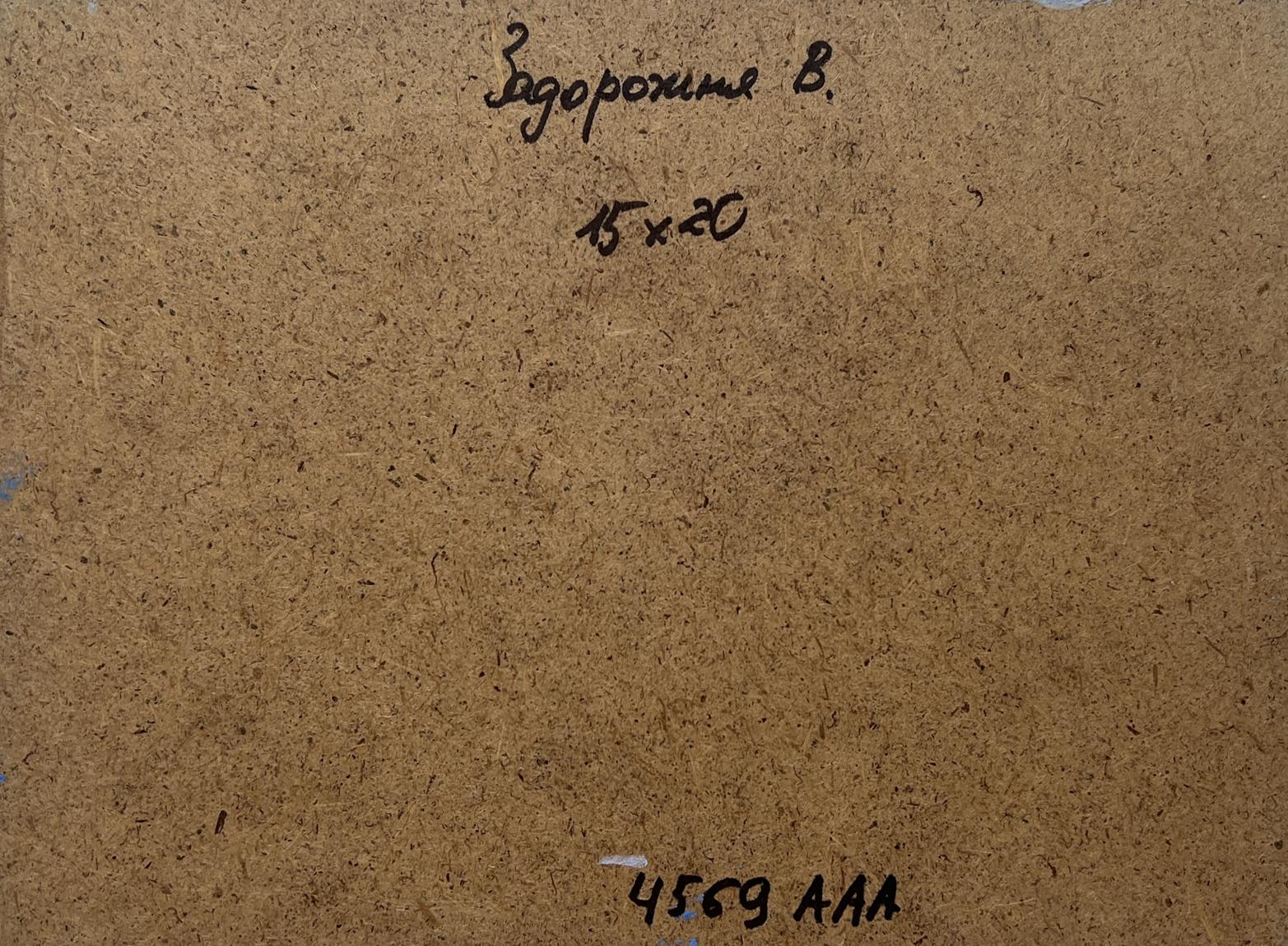 Back of V. Zadorozhnya oil painting Plowed fields and sunset with handwritten inscription on brown cardboard