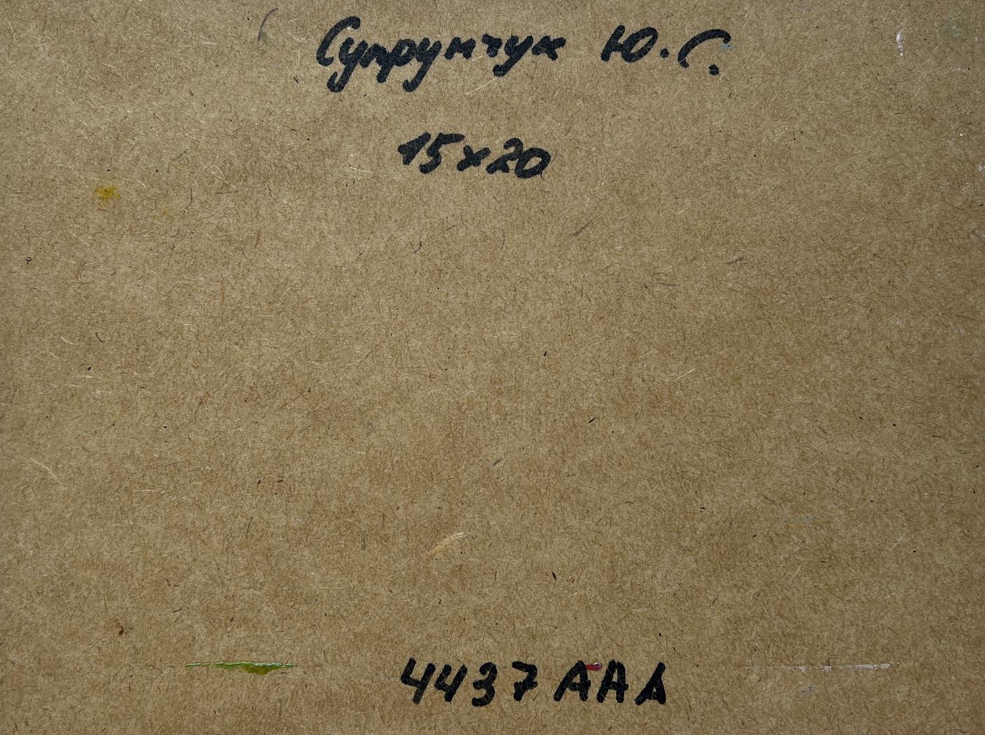 Back of Yuriy Suprunchuk oil painting Good fishing catch with Cyrillic text and measurements on brown cardboard