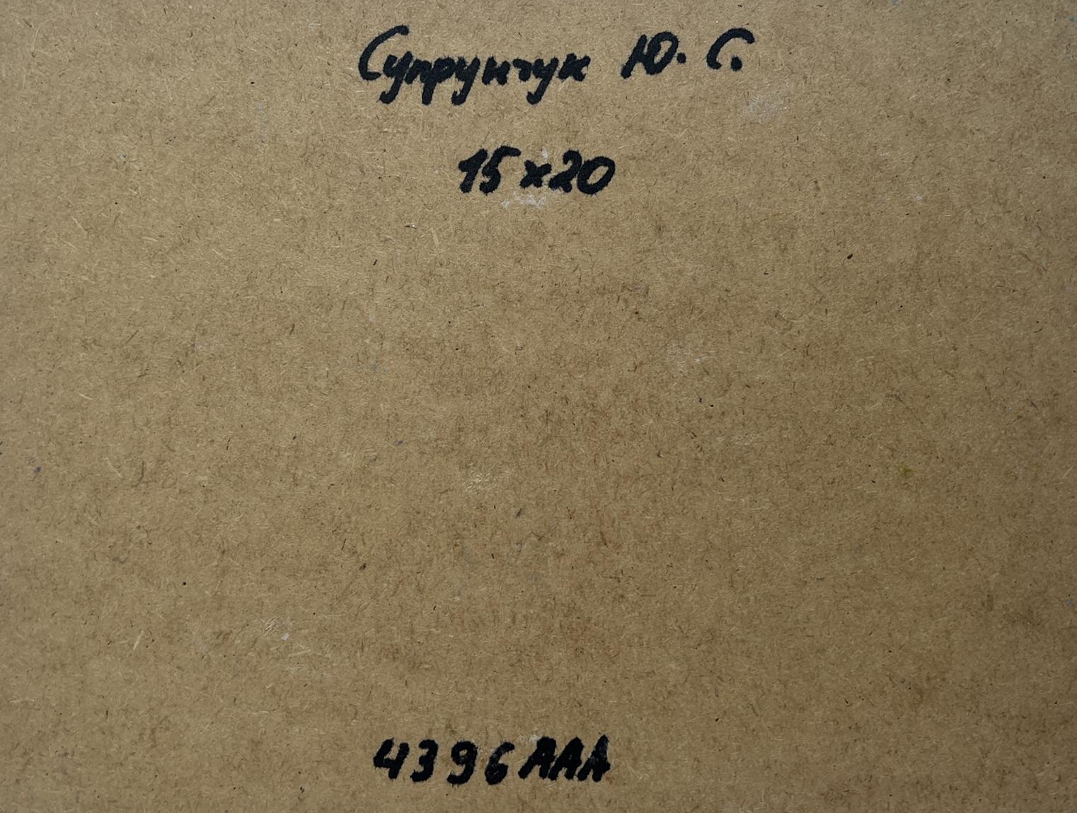 Back of Yuriy Suprunchuk oil painting Summer meadow glade with Cyrillic text on cardboard