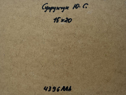 Back of Yuriy Suprunchuk oil painting Summer meadow glade with Cyrillic text on cardboard
