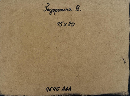 Back of V. Zadorozhnya Sunset in the mountains oil painting with Cyrillic text and dimensions