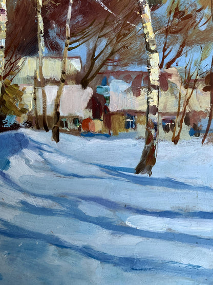 Oil painting Sunny winter day by Yuriy Suprunchuk: snowy birch landscape
