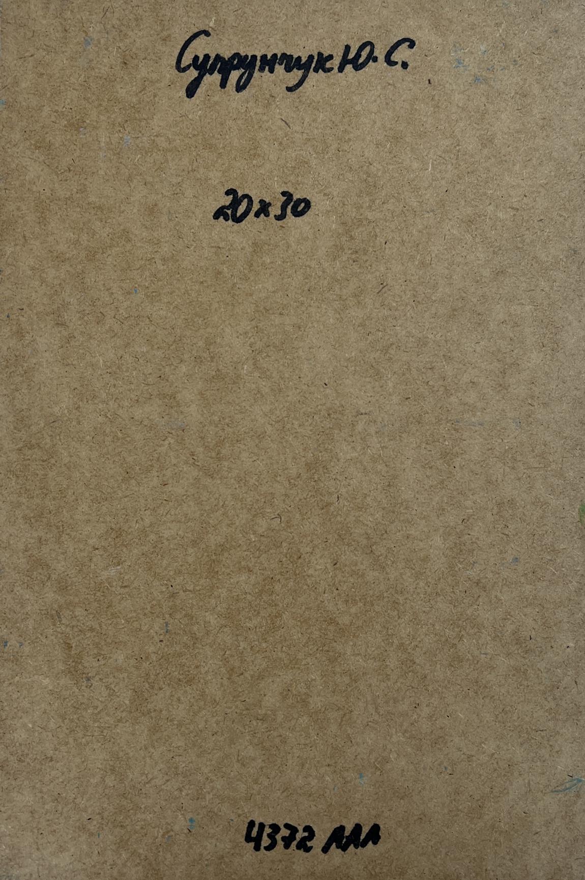 Back of Yuriy Suprunchuk oil painting with brown paper Cyrillic text measurements