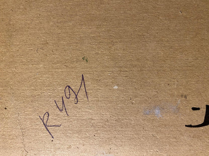Back of Grigoriy Ruban oil painting with handwritten rum in black ink on cardboard