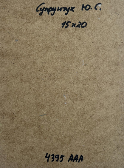 Back of Yuriy Suprunchuk oil painting Silence in nature near the lake with Cyrillic text and measurements on brown cardboard