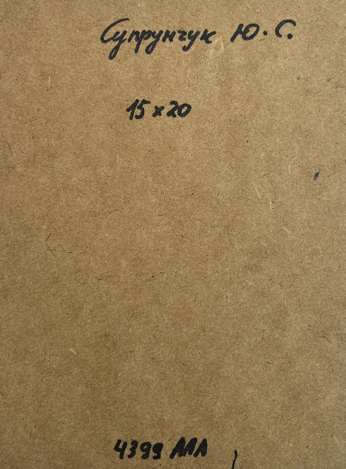 Back of Yuriy Suprunchuk oil painting Sunset over the lake with Cyrillic text and measurements on brown cardboard
