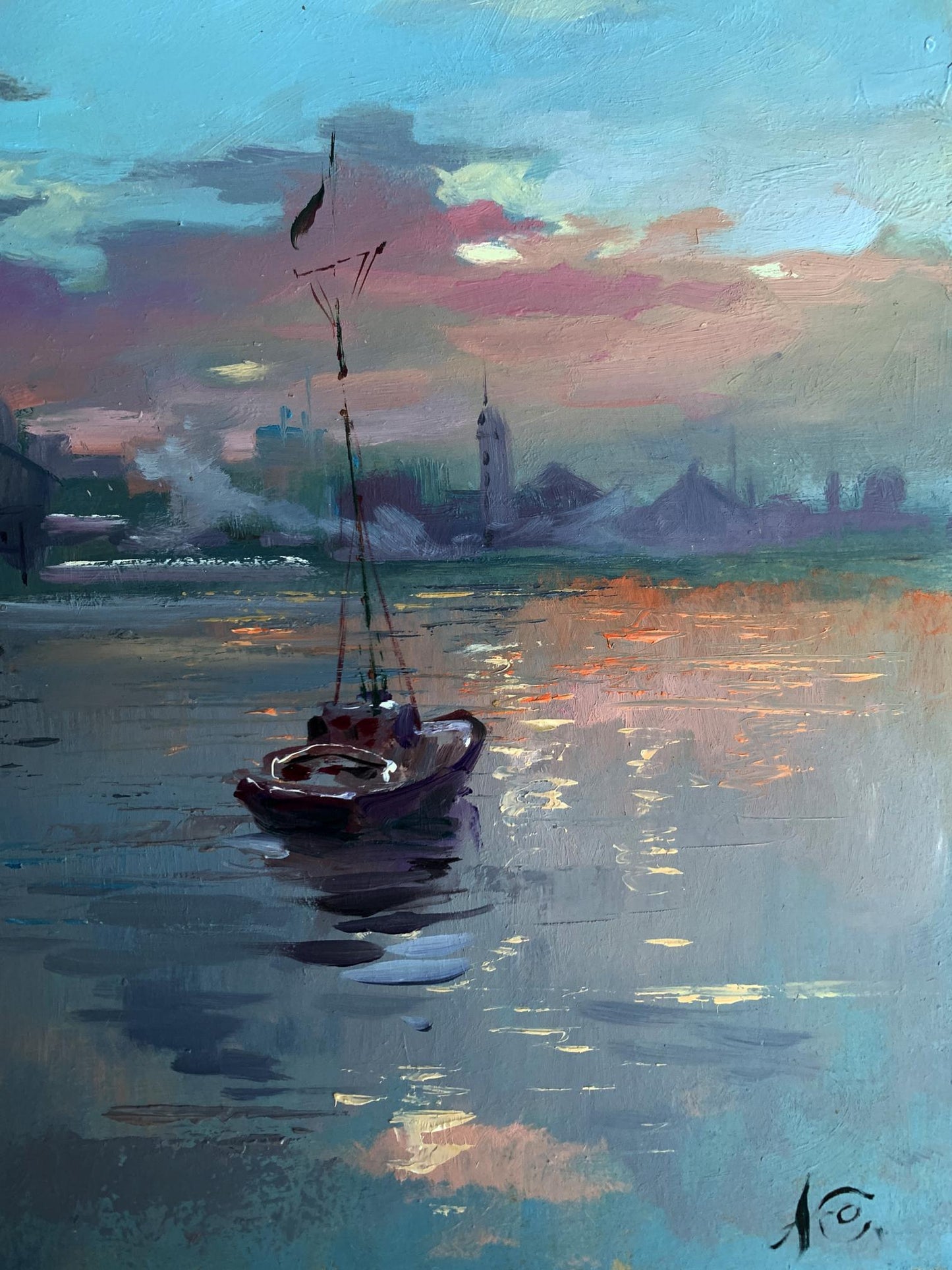 Oil painting by Yuriy Suprunchuk: romantic fishing boat at twilight