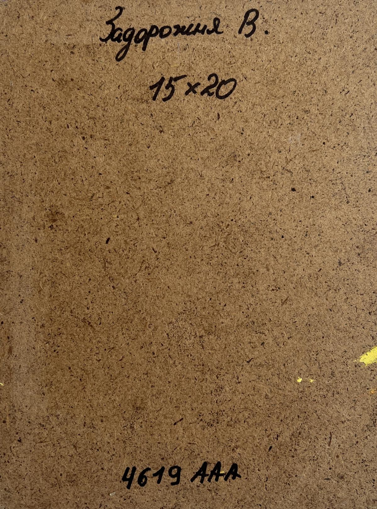 Back of V. Zadorozhnya oil painting with brown cardboard, handwritten dimensions