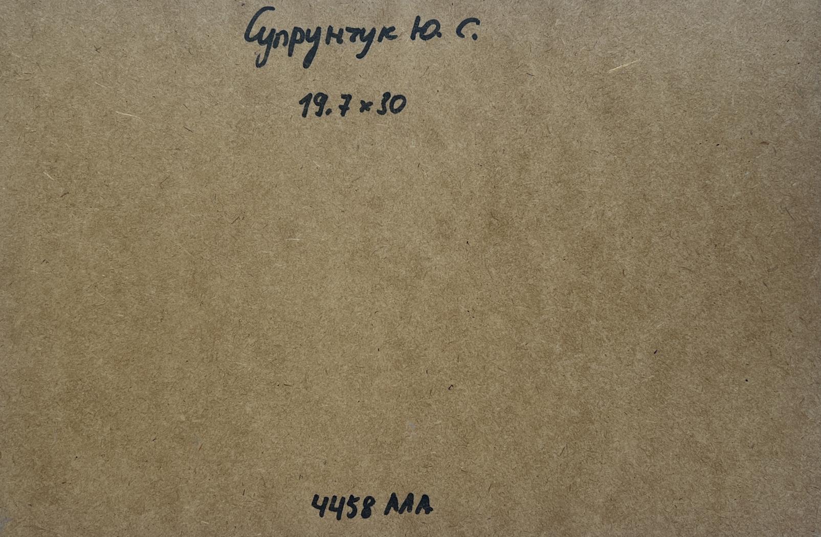 Back of Yuriy Suprunchuk oil painting Country winter evening with brown cardboard Cyrillic text and measurements