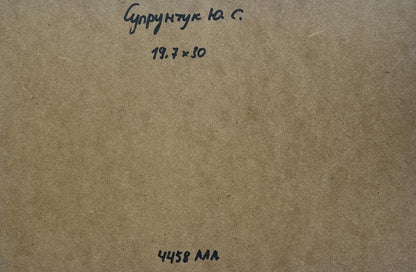 Back of Yuriy Suprunchuk oil painting Country winter evening with brown cardboard Cyrillic text and measurements