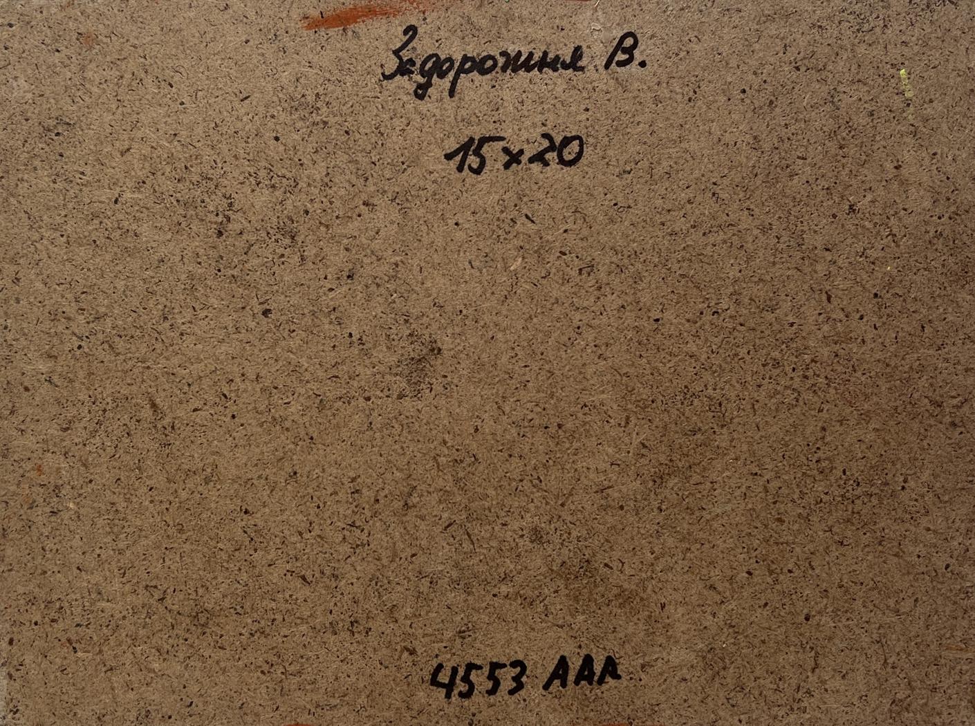 Back of V. Zadorozhnya oil painting Blooming trees in the field, brown canvas with handwritten inscription