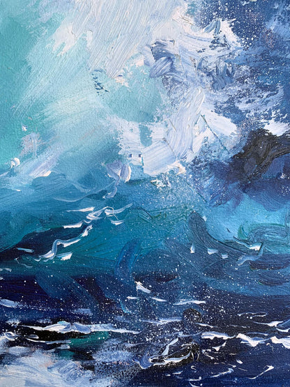 Oil painting Sea wavy breeze by Tatyana Derdey in teal blue white
