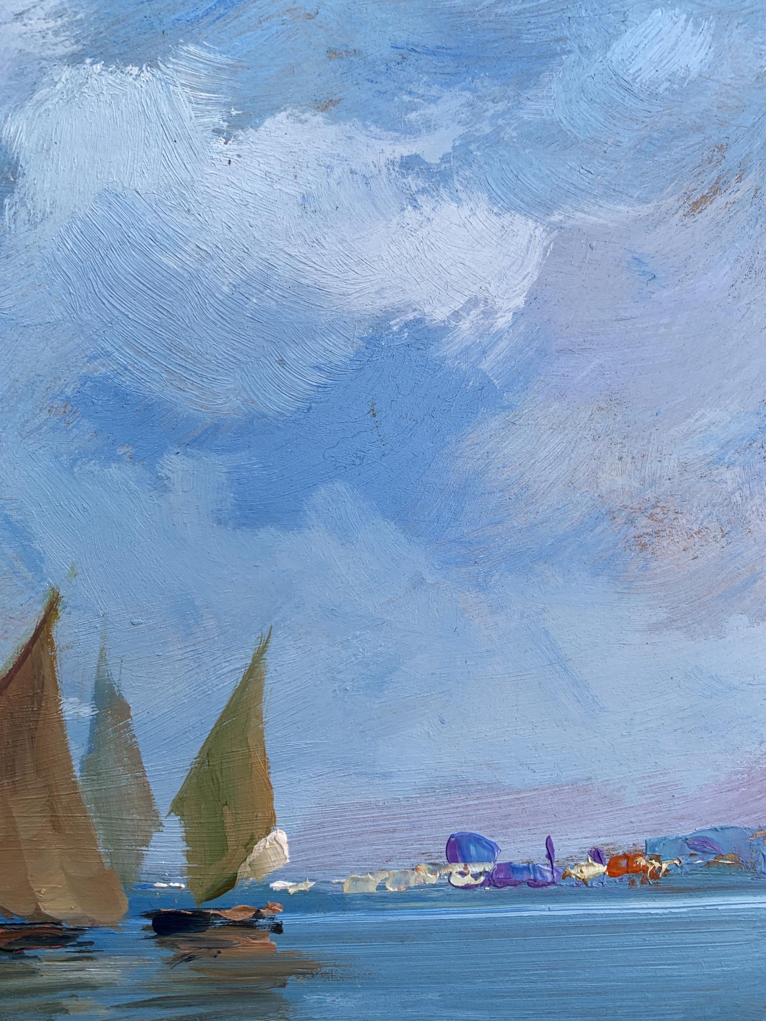 Serene oil painting of sailboats at sea by Yuriy Suprunchuk