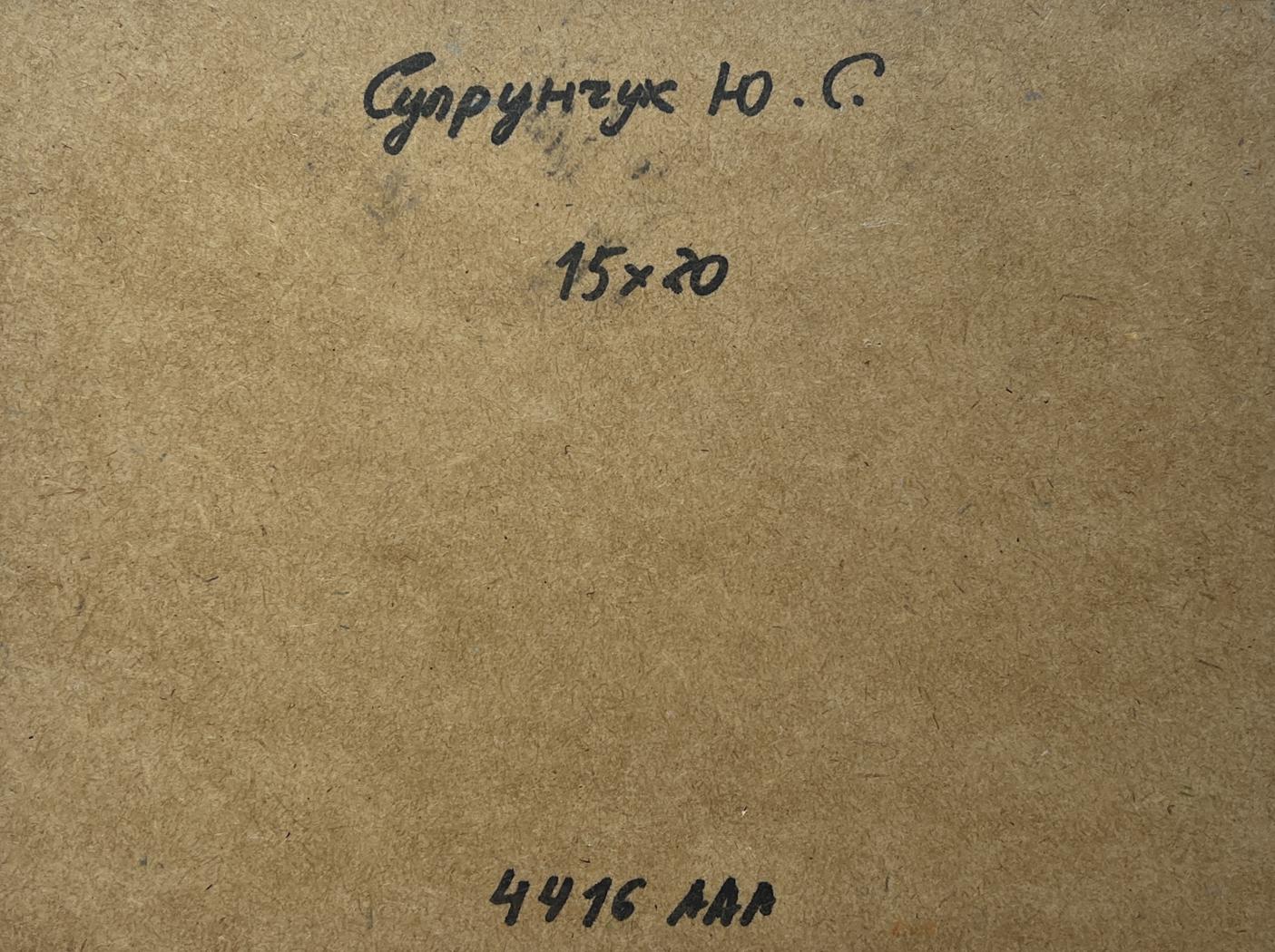 Back of Yuriy Suprunchuk Oil painting Summer harmony with Cyrillic text and measurements on brown cardboard