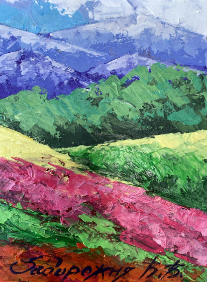 Vibrant impressionist oil painting by V. Zadorozhnya: green hills, pink fields, blue mountains