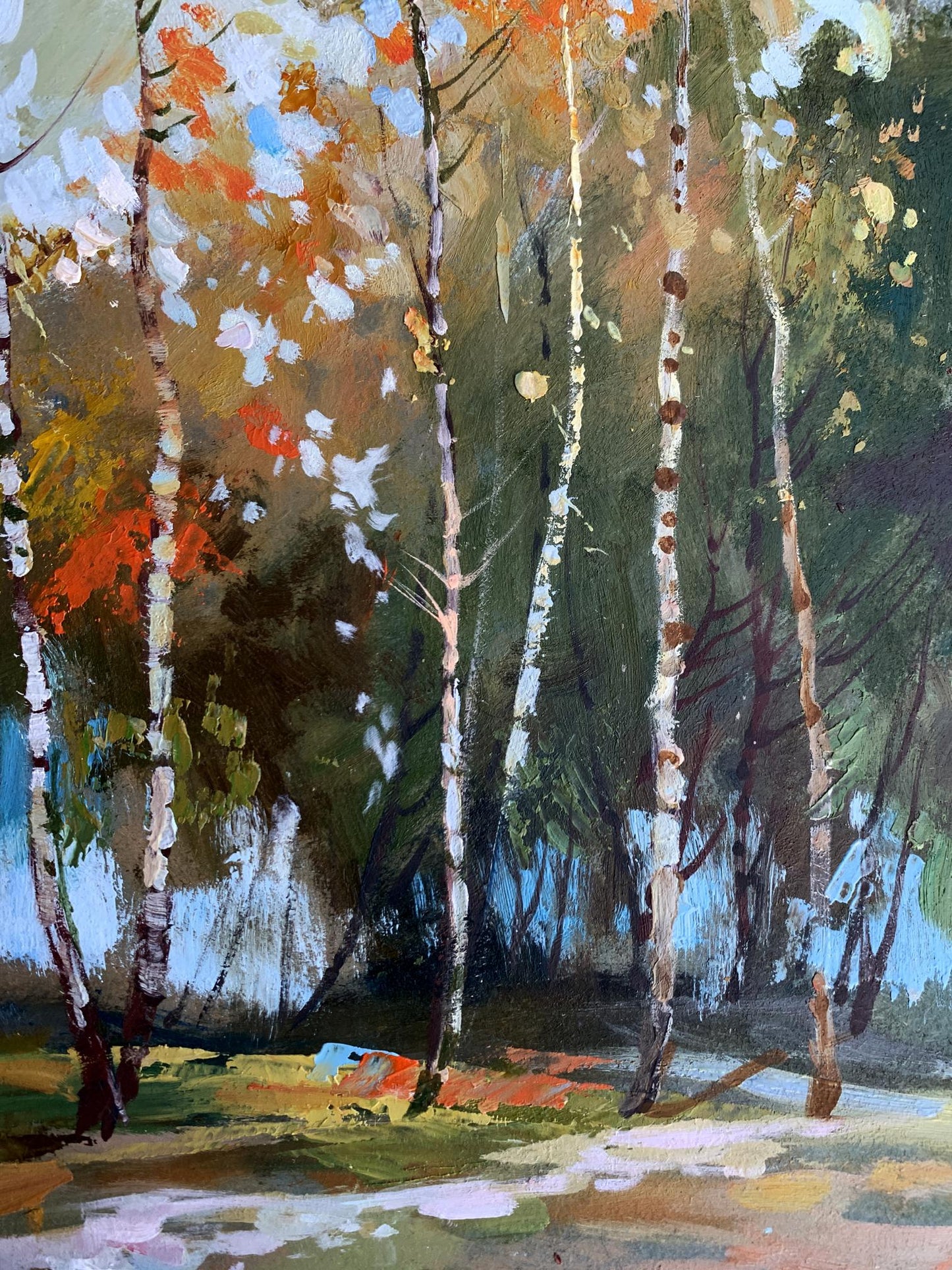 Vibrant impressionist oil painting of birch autumn forest by Yuriy Suprunchuk