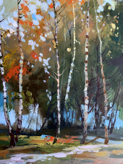 Vibrant impressionist oil painting of birch autumn forest by Yuriy Suprunchuk