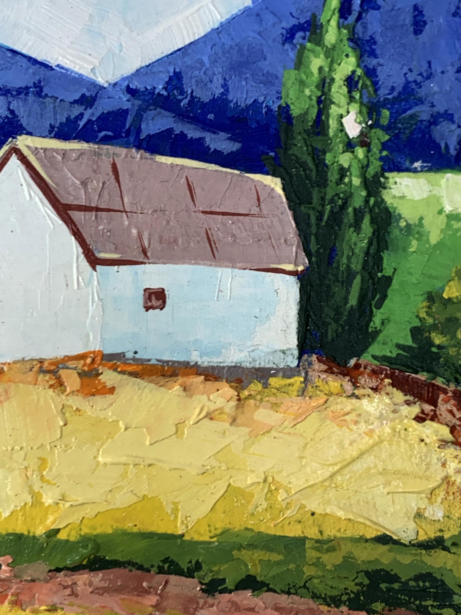 Oil painting of white barn by tree in mountains by V. Zadorozhnya