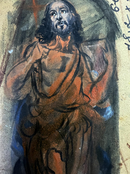 Textured pastel sketch of bearded monk in orange robe from Litvinov Night sacred rite oil painting