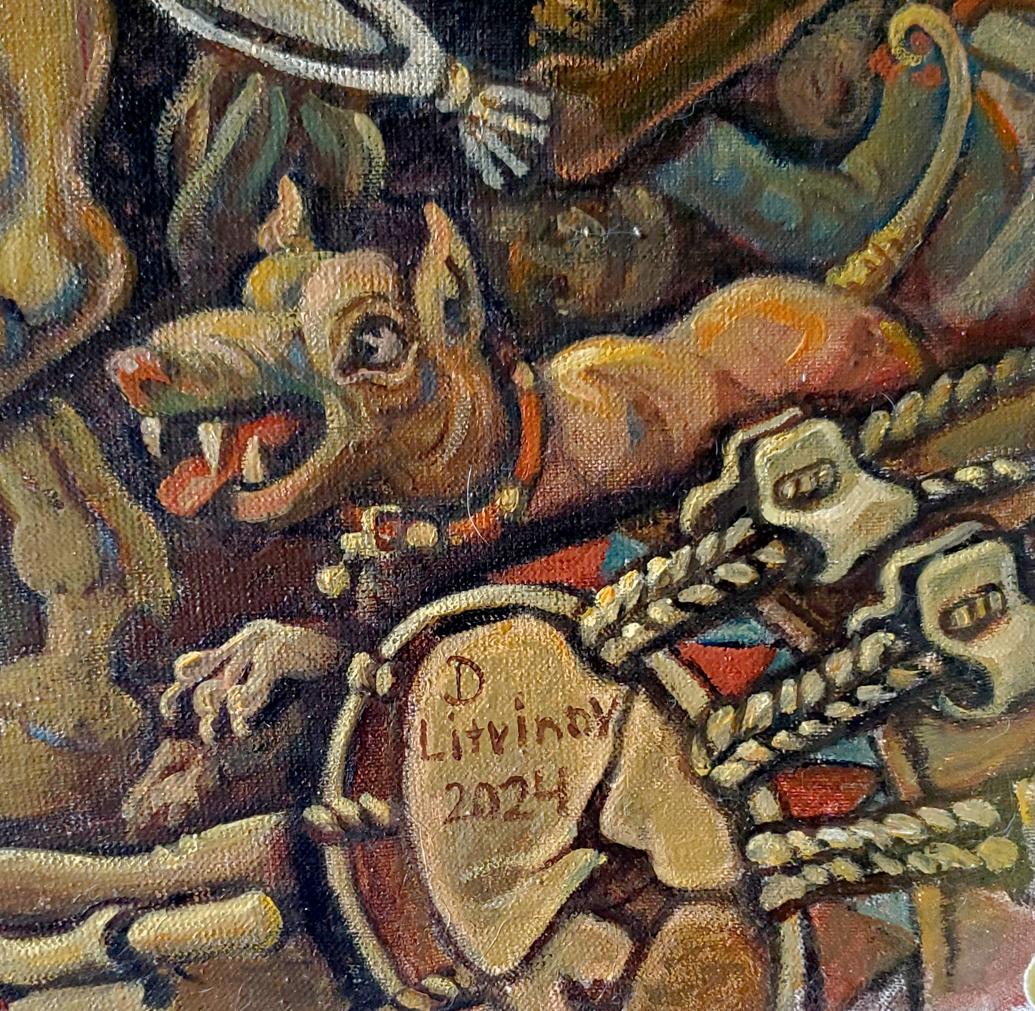 Oil painting of painted dog in orange collar by Daniil Litvinov