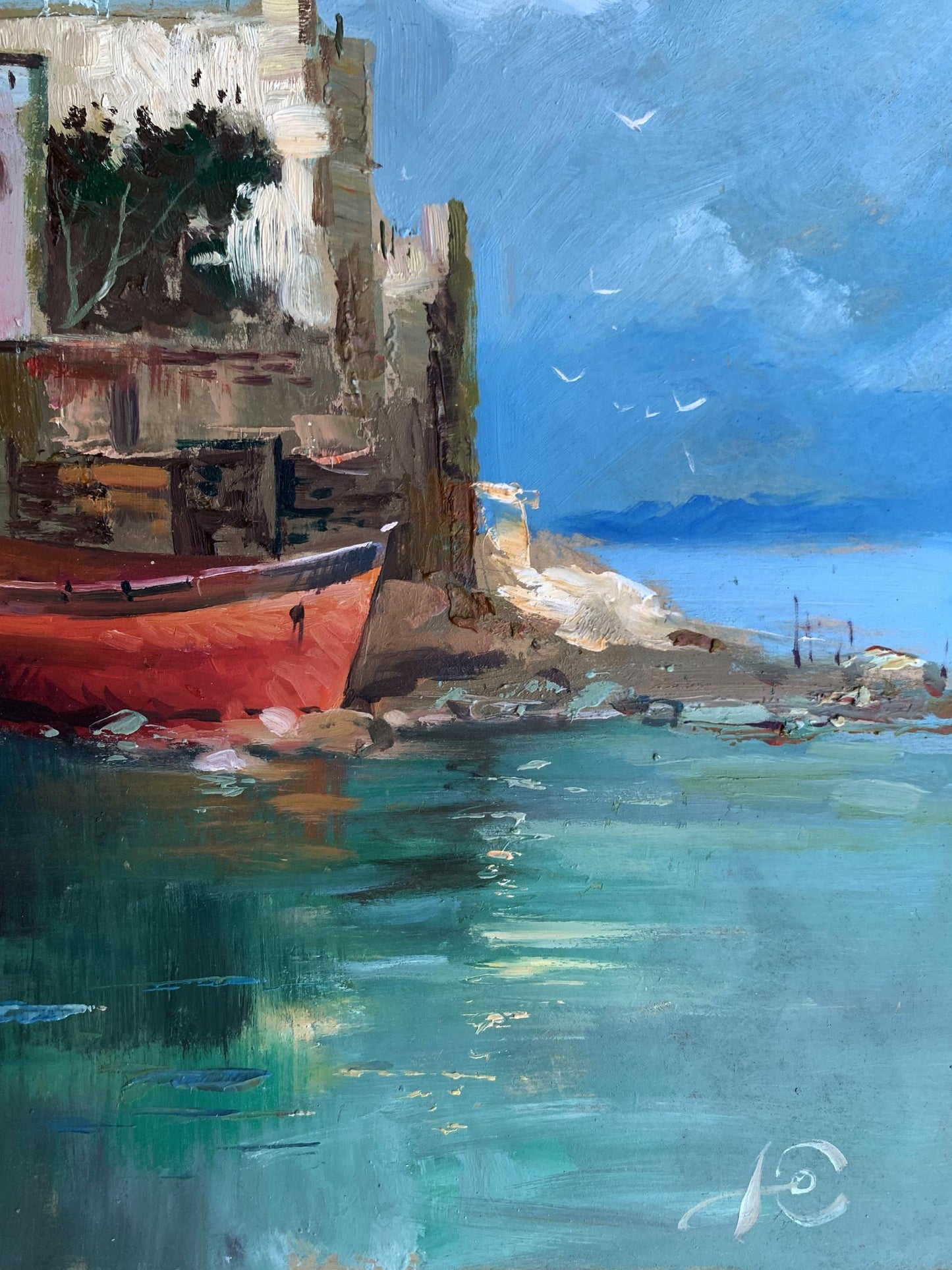 Oil painting by Yuriy Suprunchuk: red boat on turquoise seashore