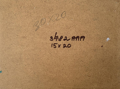 Back of Autumn days in the mountains V. Zadorozhnya oil painting with handwritten measurements and serial number on brown cardboard