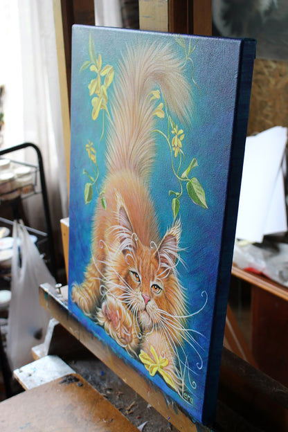 Oil painting Lapusic sorcerer Vira Goncharenko: fluffy orange cat with flowers