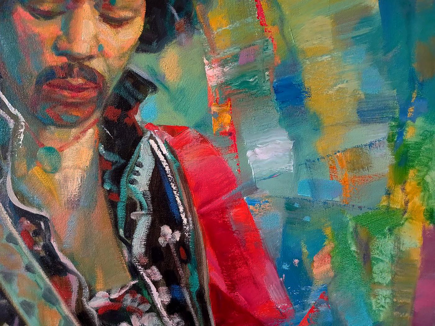 Vibrant abstract oil painting of Jimi Hendrix in red jacket by Anatoly Tarabanov
