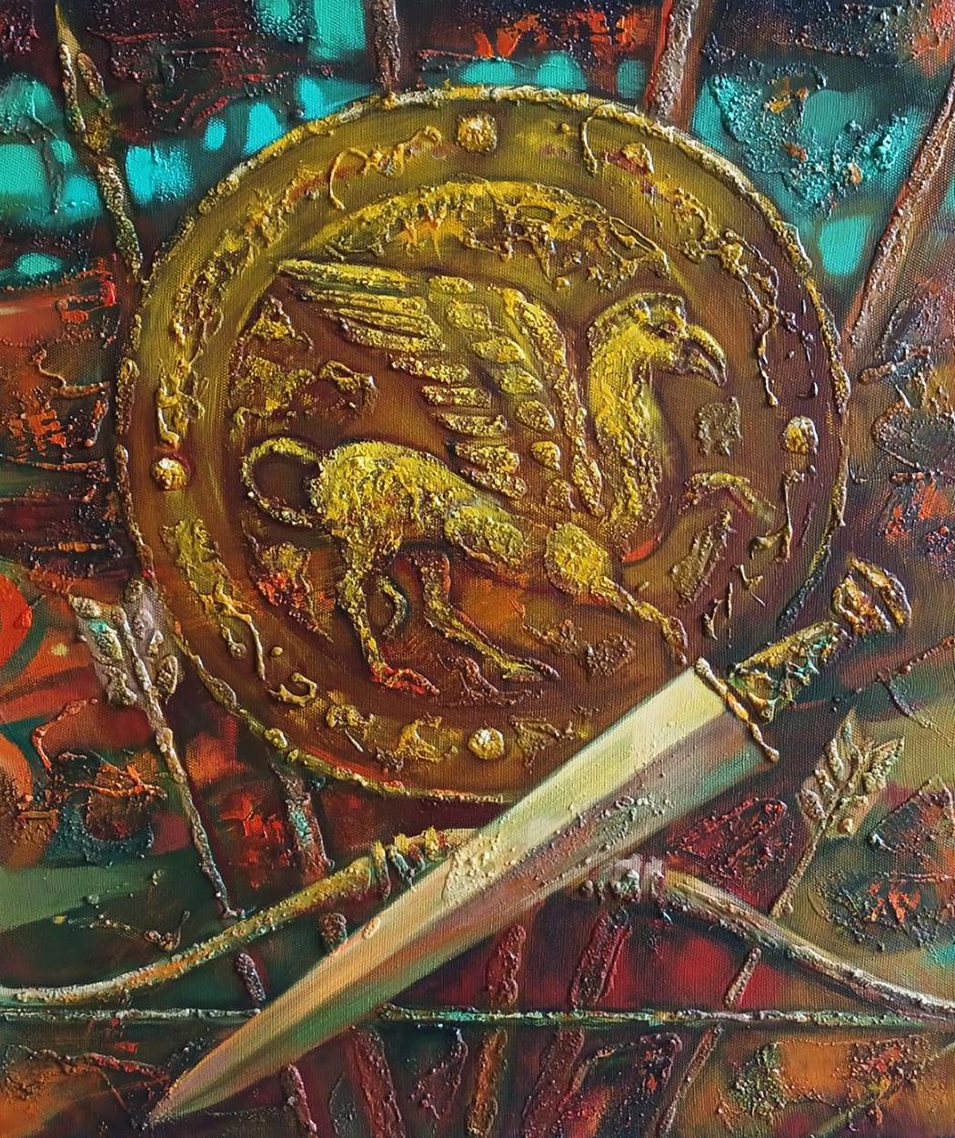 Golden textured shield with griffin emblem, Scythian legend oil painting by Anatoly Tarabanov