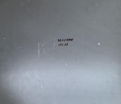 Back of Yuriy Suprunchuk oil painting with gray metallic surface, handwritten markings and scratches