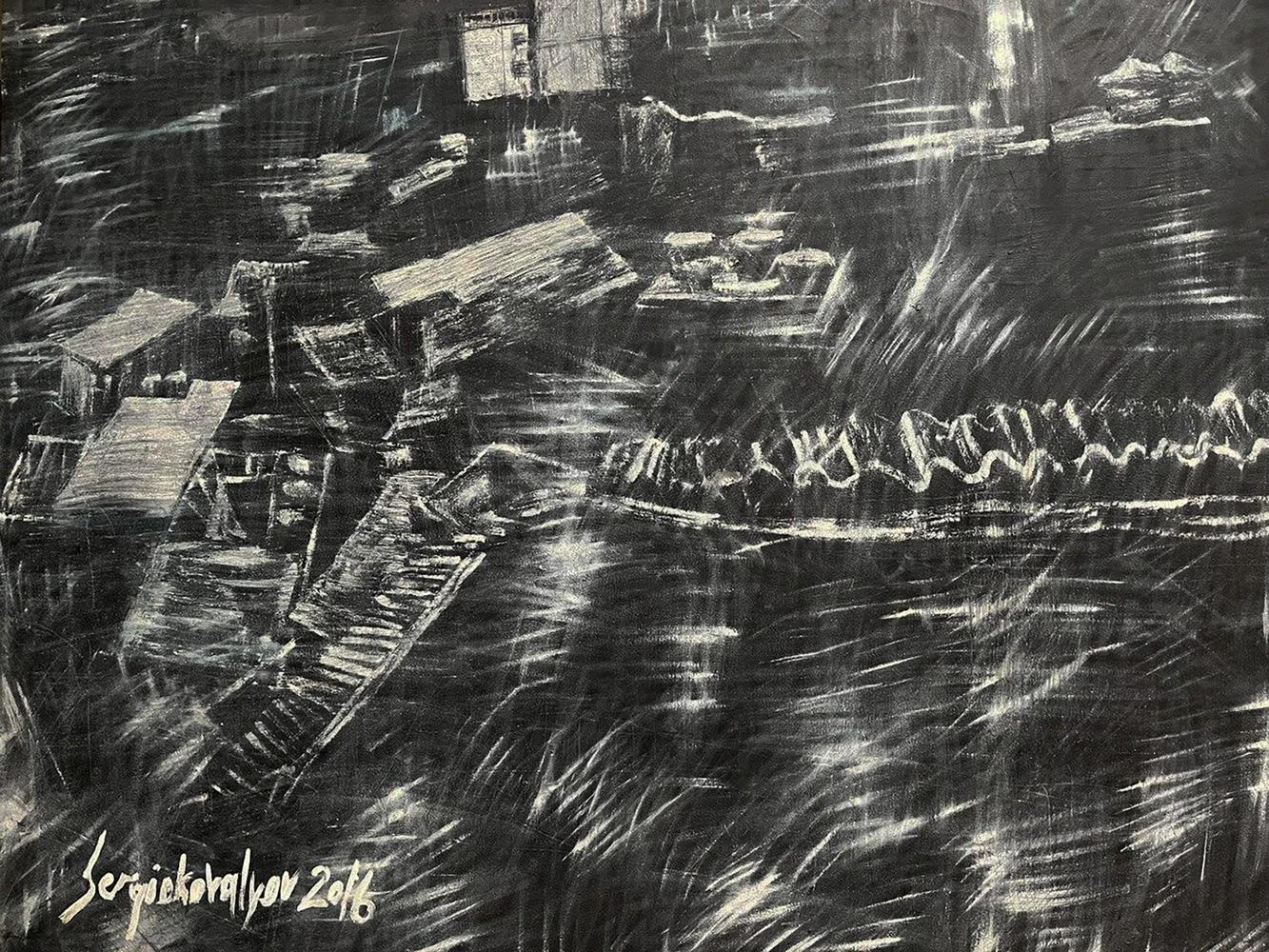 Black and white charcoal drawing of coastal village by Serhiy Kovalev