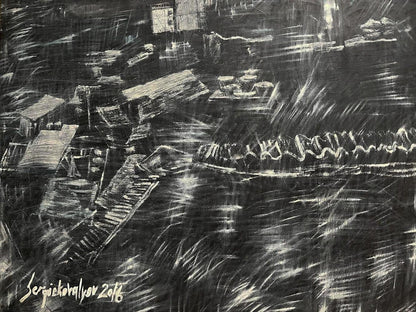 Black and white charcoal drawing of coastal village by Serhiy Kovalev