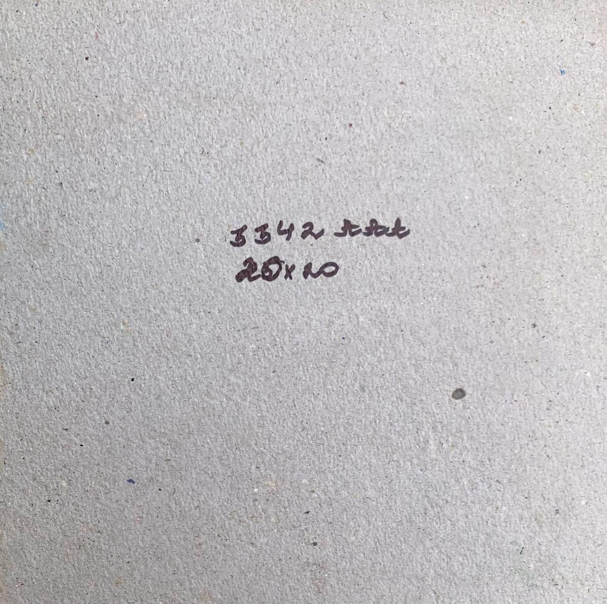 Back of V. Zadorozhnya oil painting on gray textured paper with dark ink markings