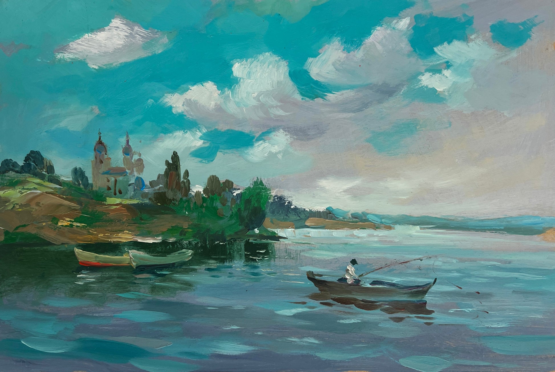 Serene impressionistic painting of lone fisherman on turquoise waters by Yuriy Suprunchuk