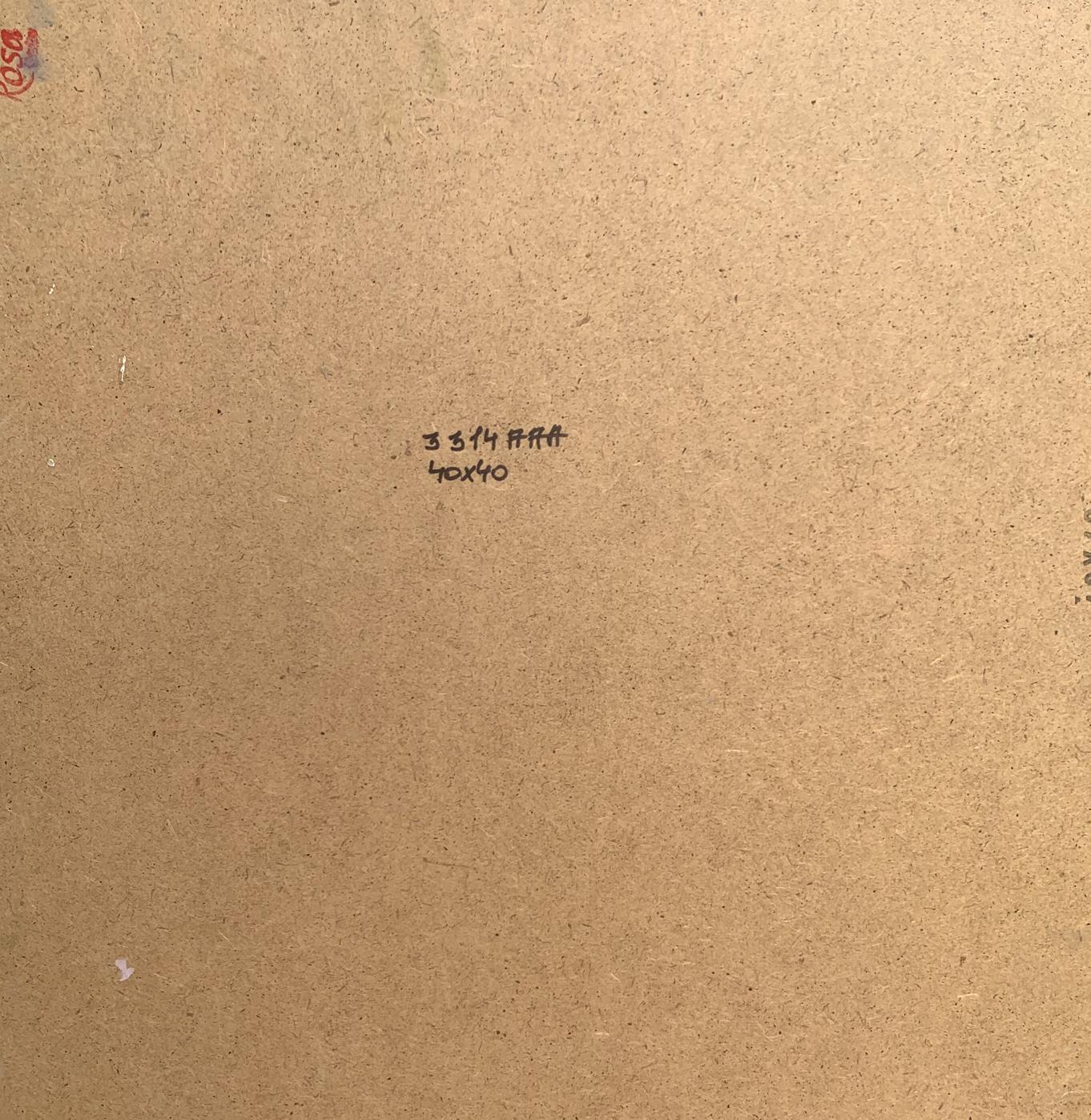 Back of beige cardboard art panel for Oil painting Hut on the lake Tatyana Derdey with handwritten dimensions and artist stamp
