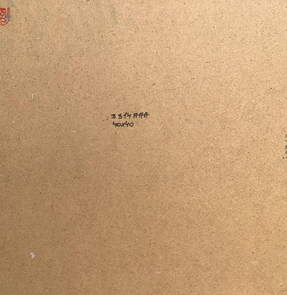 Back of beige cardboard art panel for Oil painting Hut on the lake Tatyana Derdey with handwritten dimensions and artist stamp