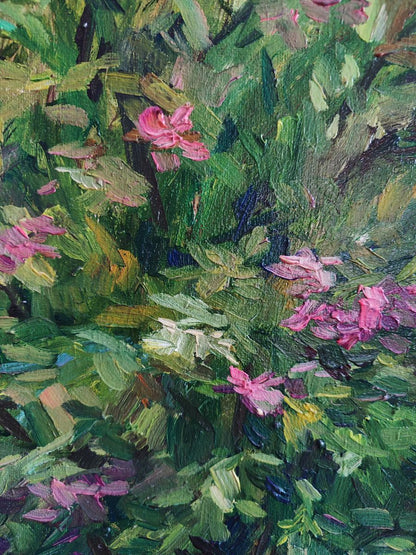 Oil painting Life in the village in summer by Oksana Sklym with pink blossoms