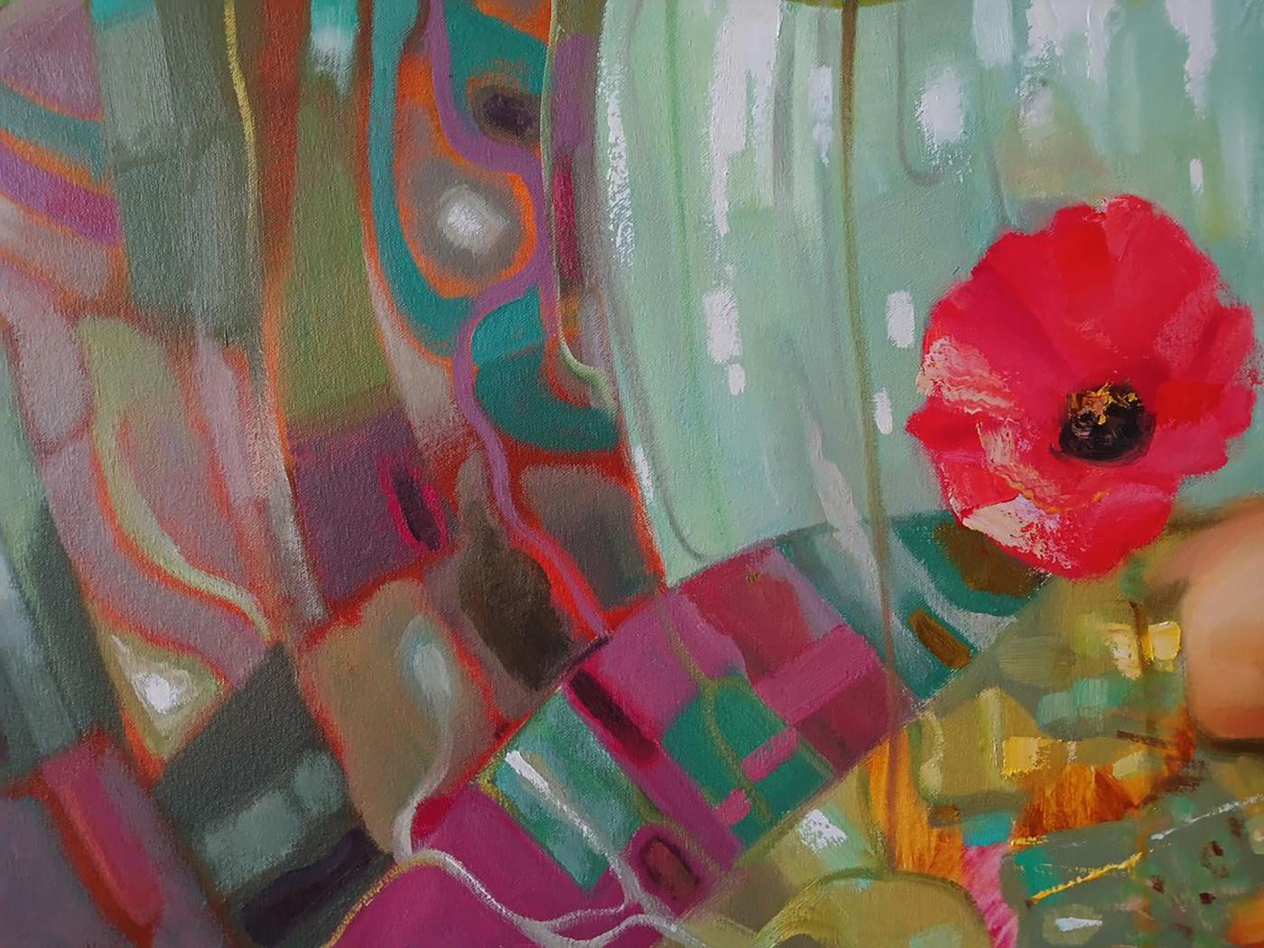 Vibrant red poppy oil painting by Anatoly Tarabanov on abstract background