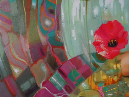 Vibrant red poppy oil painting by Anatoly Tarabanov on abstract background