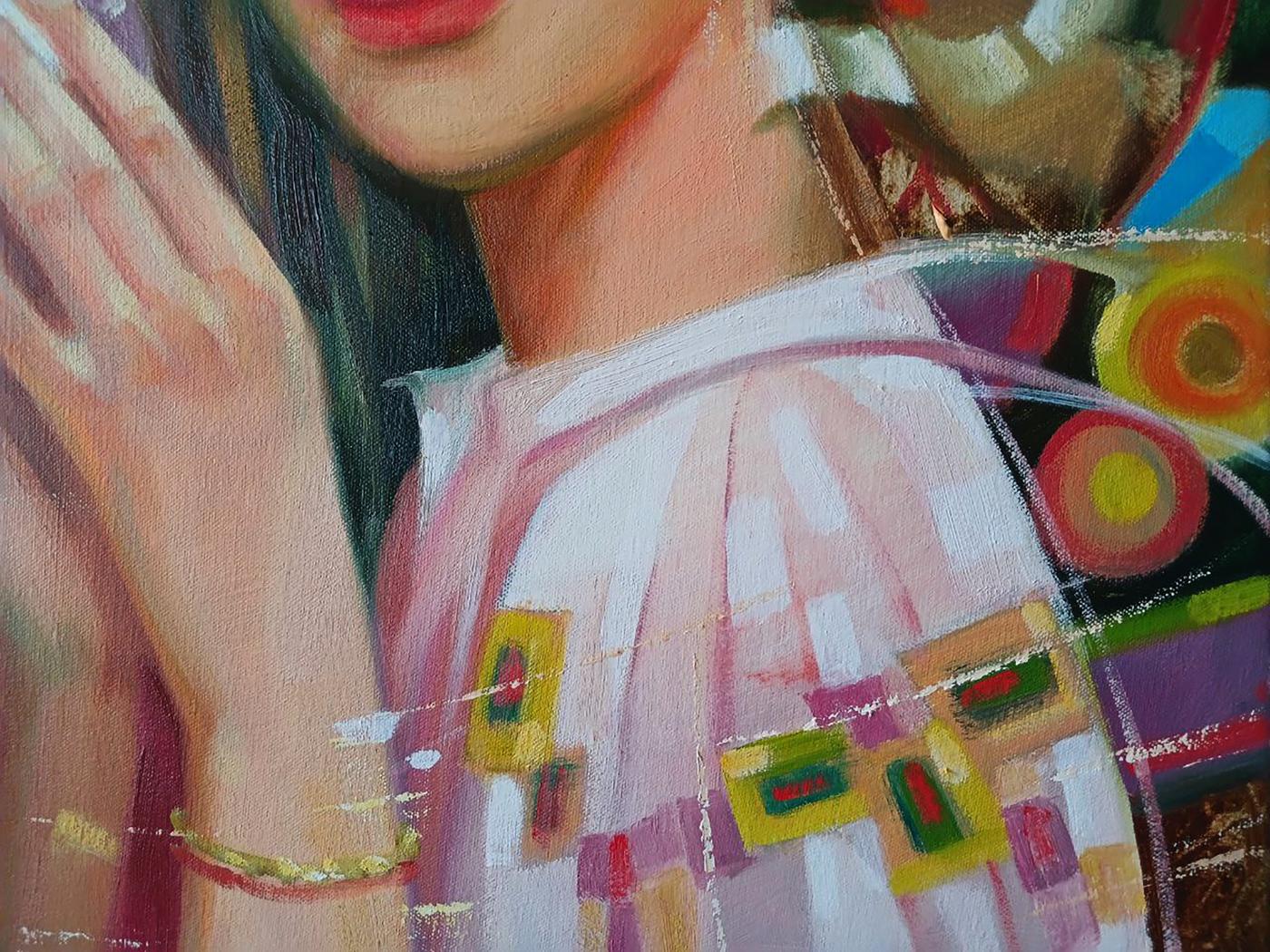 Womans hand with gold bracelet in Abstract oil painting Breath of Spring by Anatoly Tarabanov