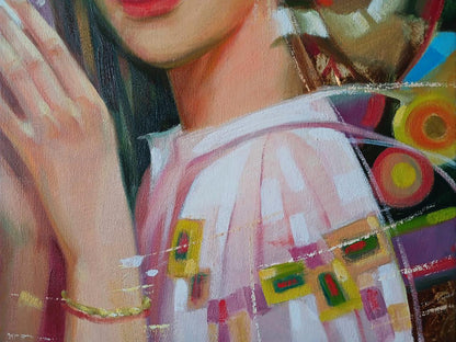 Womans hand with gold bracelet in Abstract oil painting Breath of Spring by Anatoly Tarabanov
