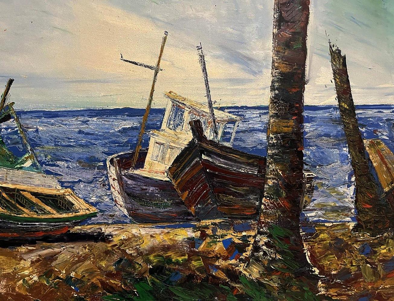 Oil painting by Serhiy Kovalev: weathered boat on shore by palms